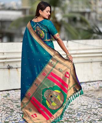 sky blue soft silk blend woven paithani cultural rich saree 2