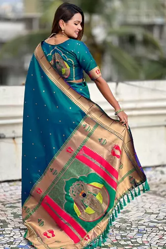 sky blue soft silk blend woven paithani cultural rich saree