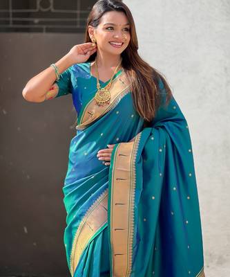 sky blue soft silk blend woven paithani cultural rich saree 3