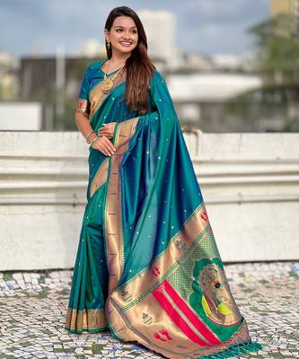 sky blue soft silk blend woven paithani cultural rich saree 4