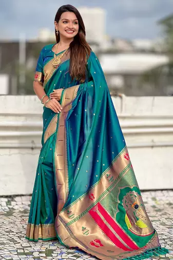 sky blue soft silk blend woven paithani cultural rich saree
