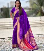 purple color soft silk blend fabric  woven paithani designer cultural rich saree