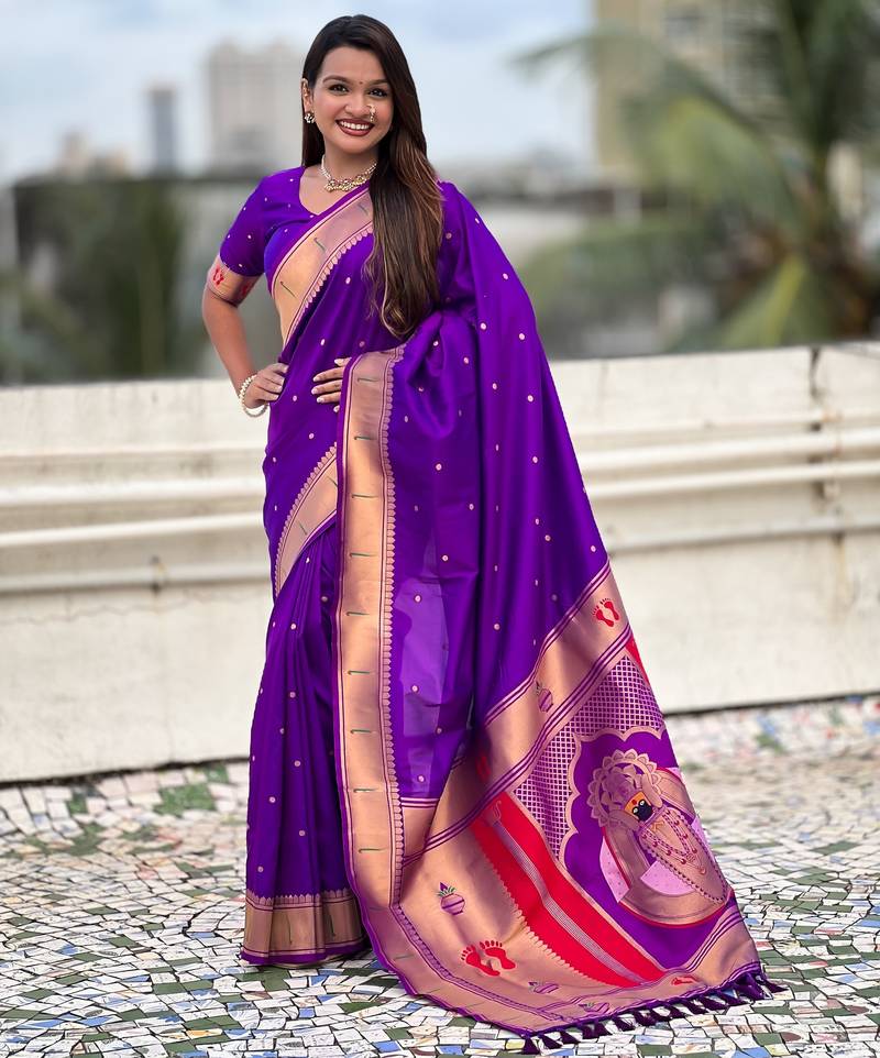 purple color soft silk blend fabric  woven paithani designer cultural rich saree