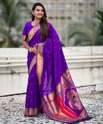 purple soft silk blend woven paithani cultural rich saree 4
