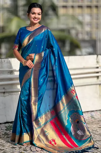 rama color soft silk blend fabric  woven paithani designer cultural rich saree
