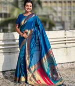 rama color soft silk blend fabric  woven paithani designer cultural rich saree