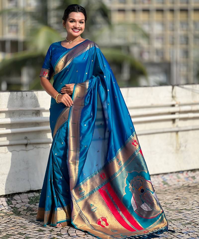 rama color soft silk blend fabric  woven paithani designer cultural rich saree