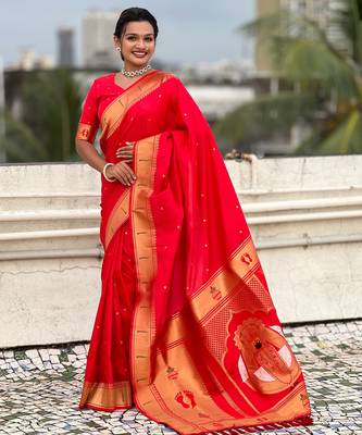 red soft silk blend woven paithani cultural rich saree 1