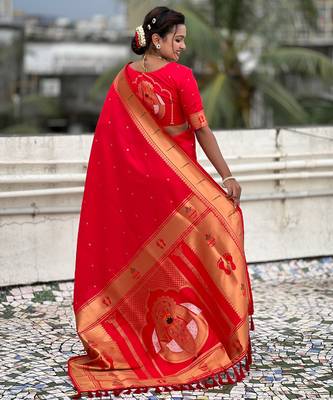 red soft silk blend woven paithani cultural rich saree 2