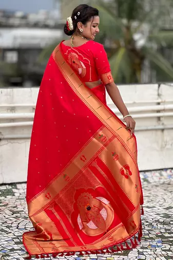 red soft silk blend woven paithani cultural rich saree