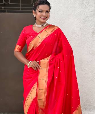 red soft silk blend woven paithani cultural rich saree 3