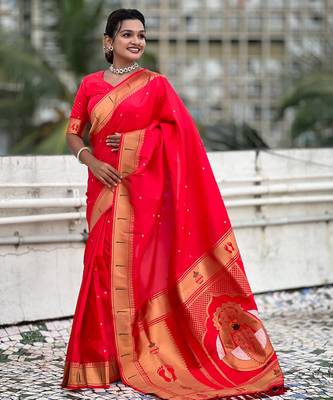 red soft silk blend woven paithani cultural rich saree 4
