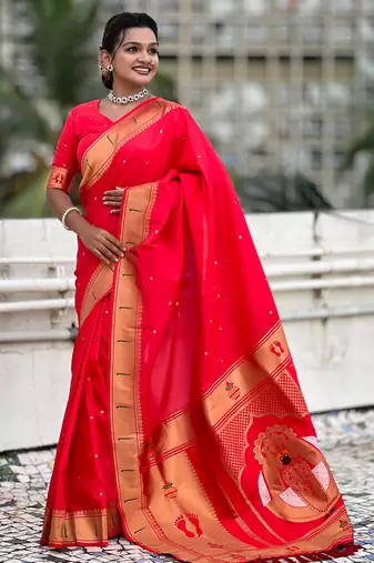 red soft silk blend woven paithani cultural rich saree