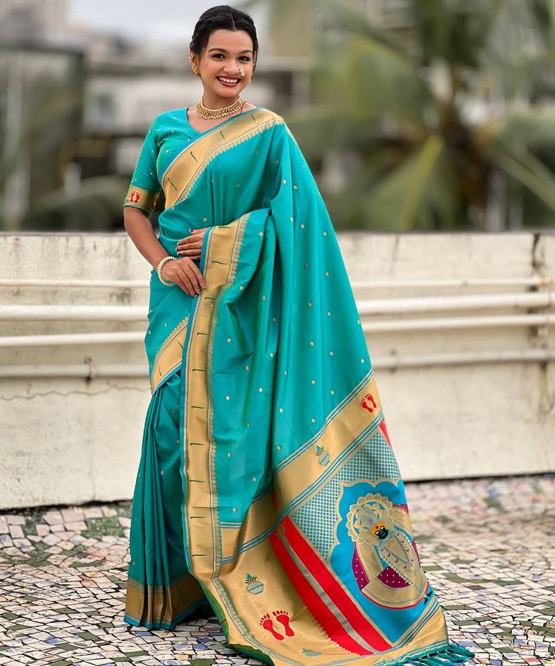 sea green color soft silk blend fabric  woven paithani designer cultural rich saree