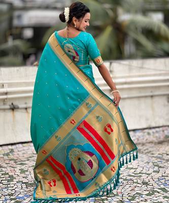sea green soft silk blend woven paithani cultural rich saree 2