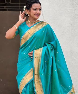 sea green soft silk blend woven paithani cultural rich saree 3