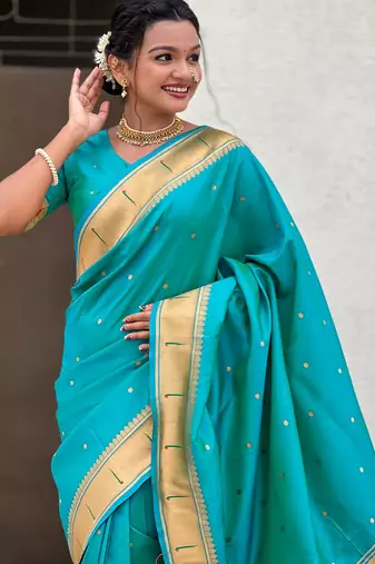 sea green soft silk blend woven paithani cultural rich saree