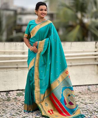 sea green soft silk blend woven paithani cultural rich saree 4