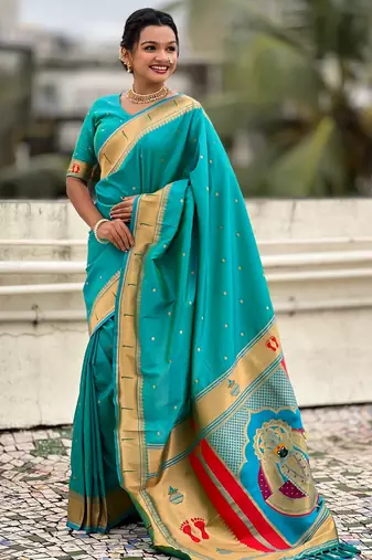 sea green soft silk blend woven paithani cultural rich saree