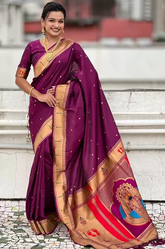 wine color soft silk blend fabric  woven paithani designer cultural rich saree