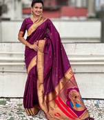 wine color soft silk blend fabric  woven paithani designer cultural rich saree