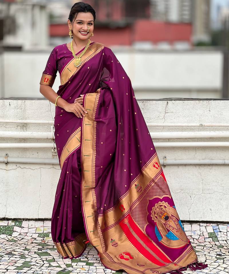 wine color soft silk blend fabric  woven paithani designer cultural rich saree