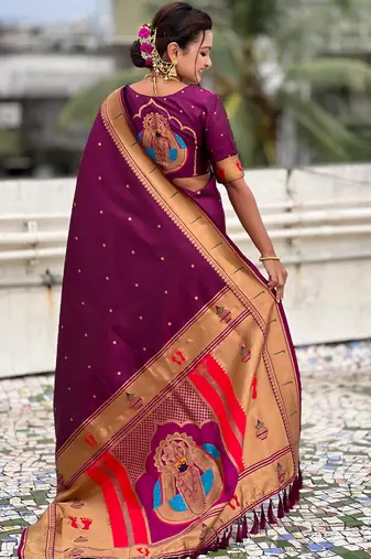 wine soft silk blend woven paithani cultural rich saree