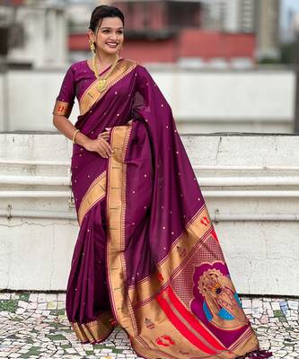 wine soft silk blend woven paithani cultural rich saree 4