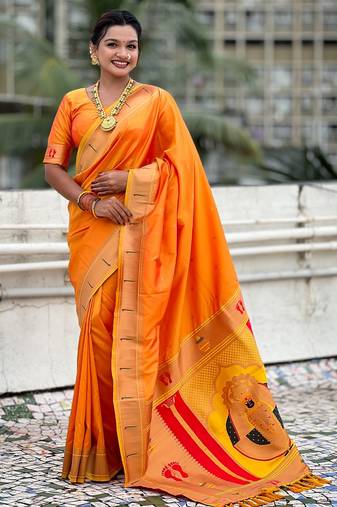 yellow color soft silk blend fabric  woven paithani designer cultural rich saree