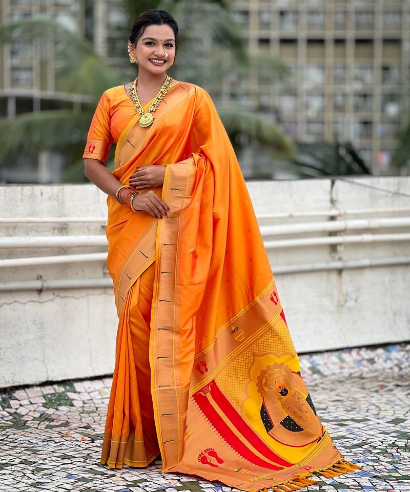yellow color soft silk blend fabric  woven paithani designer cultural rich saree