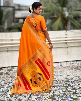 yellow soft silk blend woven paithani cultural rich saree 2