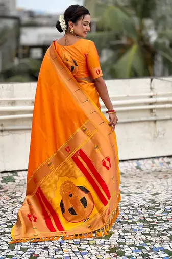 yellow soft silk blend woven paithani cultural rich saree