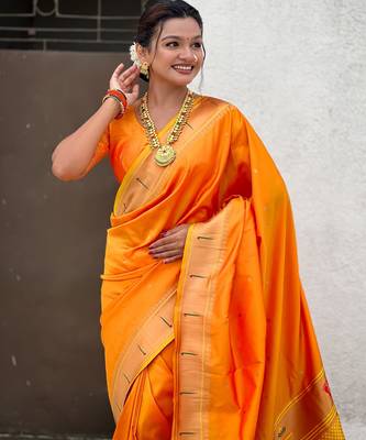 yellow soft silk blend woven paithani cultural rich saree 3