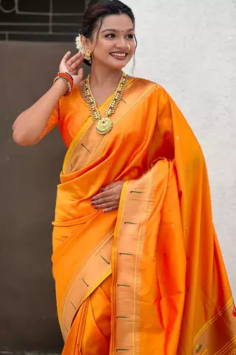 yellow soft silk blend woven paithani cultural rich saree