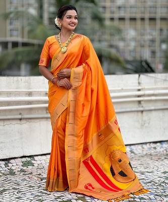 yellow soft silk blend woven paithani cultural rich saree 4