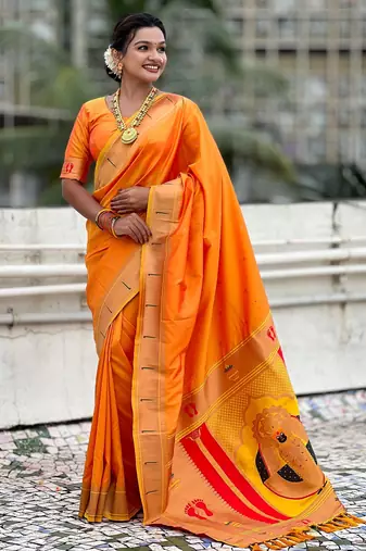 yellow soft silk blend woven paithani cultural rich saree