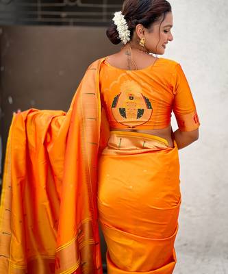 yellow soft silk blend woven paithani cultural rich saree 5