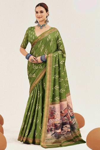 green color cotton art silk fabric designer digital printed saree
