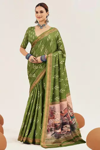 green color cotton art silk fabric designer digital printed saree