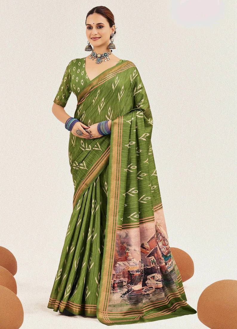 green color cotton art silk fabric designer digital printed saree