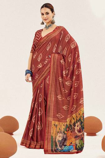 rust color cotton art silk fabric designer digital printed saree