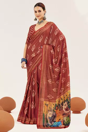 rust color cotton art silk fabric designer digital printed saree