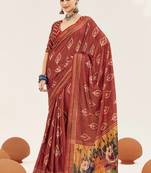 rust color cotton art silk fabric designer digital printed saree