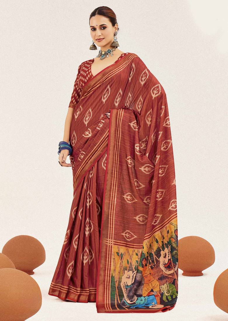 rust color cotton art silk fabric designer digital printed saree