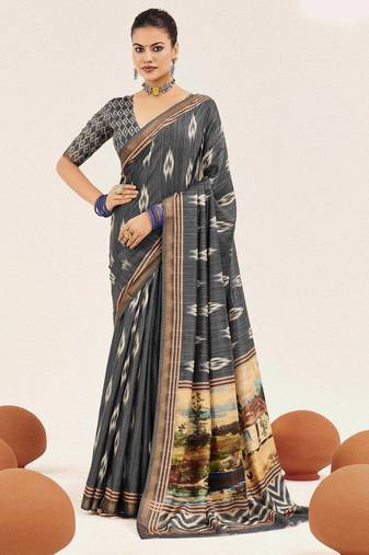 grey color cotton art silk fabric designer digital printed saree