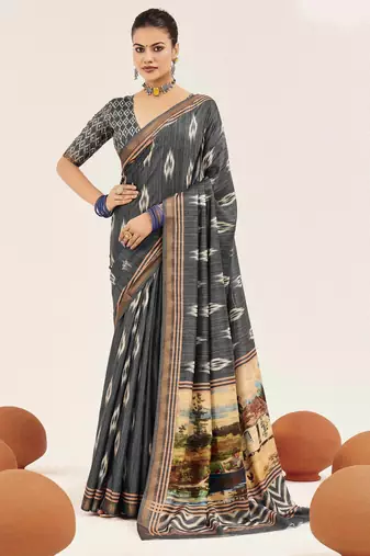 grey color cotton art silk fabric designer digital printed saree