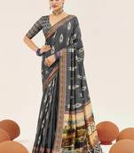 grey color cotton art silk fabric designer digital printed saree
