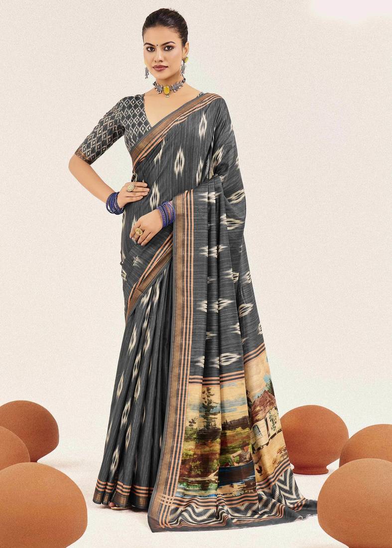 grey color cotton art silk fabric designer digital printed saree