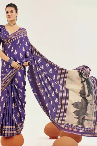 purple color cotton art silk fabric designer digital printed saree
