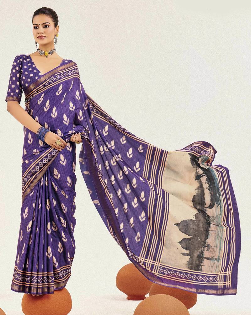 purple color cotton art silk fabric designer digital printed saree